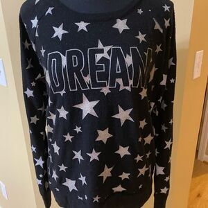 Chaser black and silver stars metallic fuzzy sweater with DREAM logo. NWT